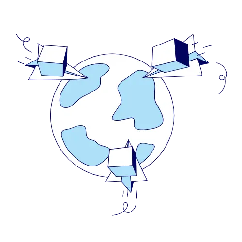 Earth with three orbiting satellites